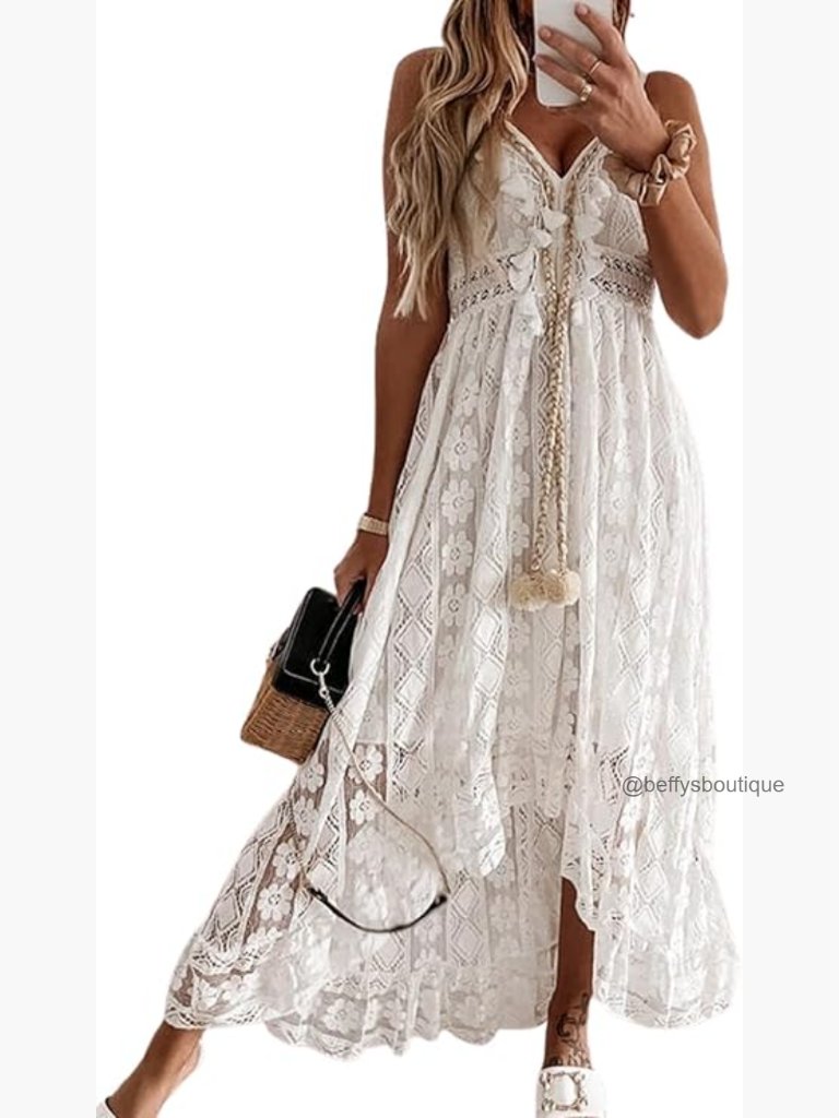 Sleeveless Lace Maxi Dress With Tassel, Adjustable Straps, Smocked Back